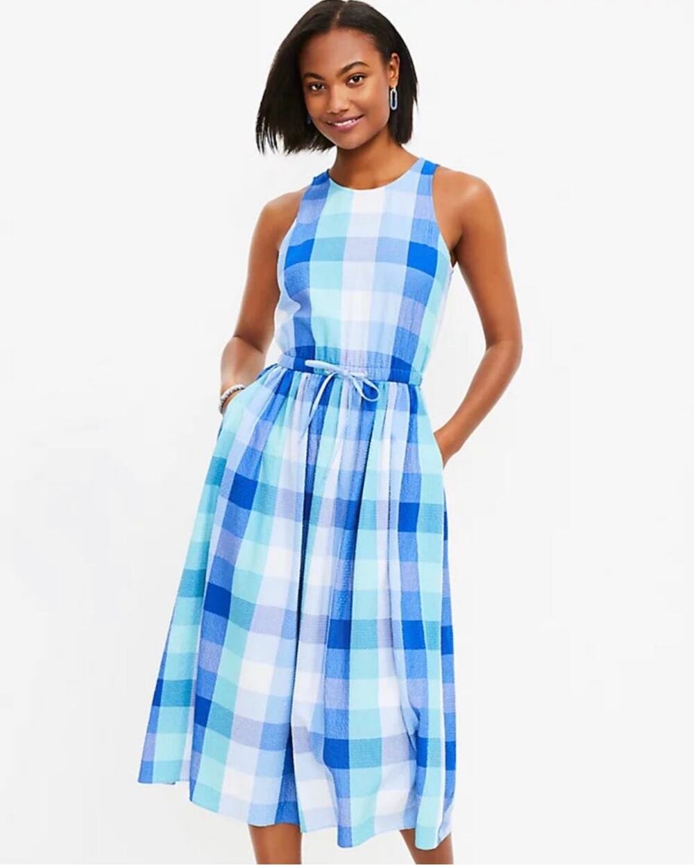 NWT LOFT Petite Plaid Midi Dress L Blue Green Open Back Tie Waist Pockets